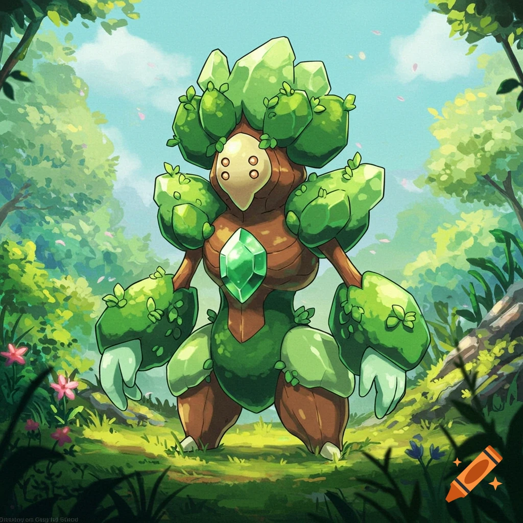A creature resembling a Regi Pokemon standing in a forest.
