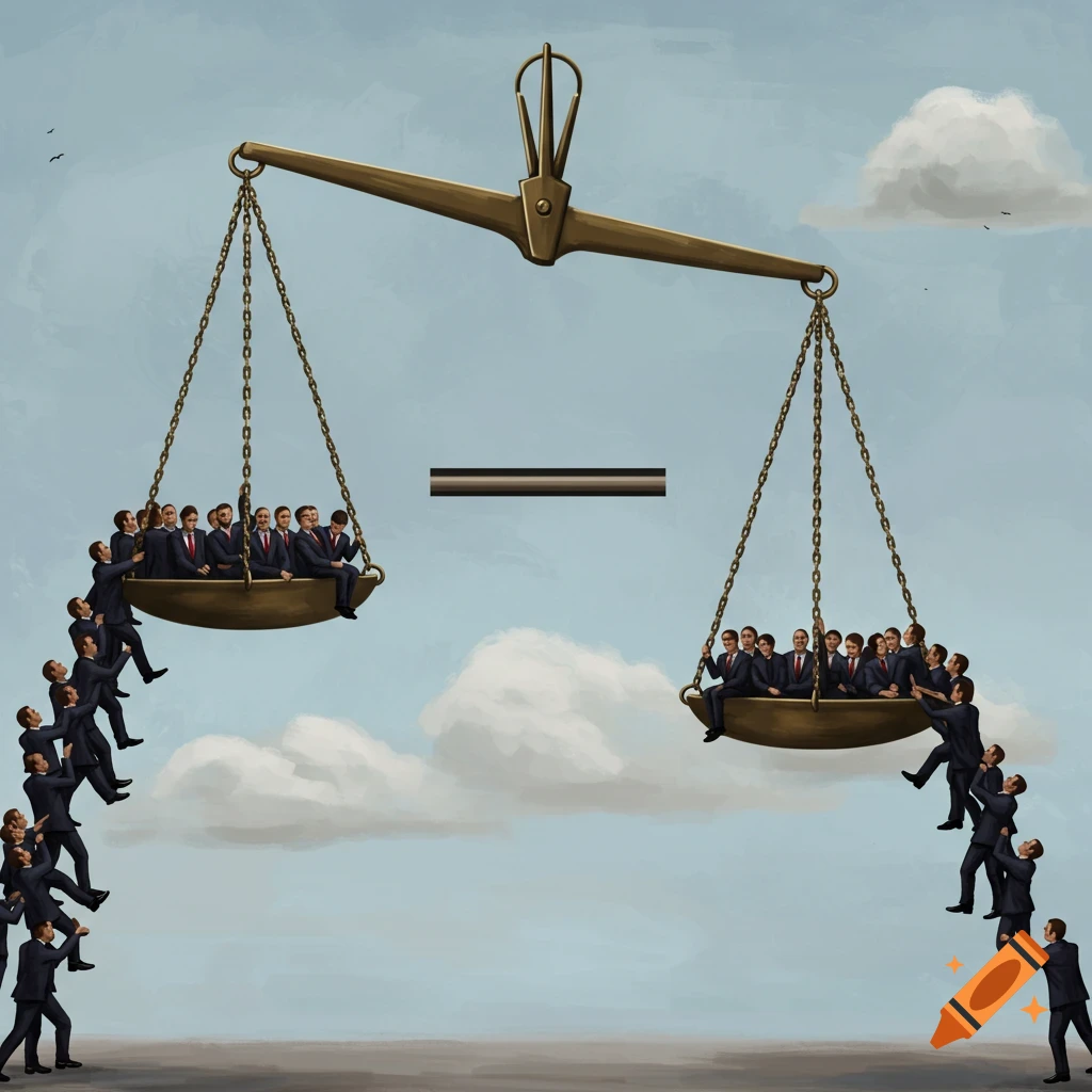 A scale is perfectly balanced even though there are many small figures on one side pulling it down, and fewer on the other.