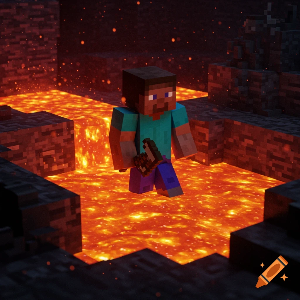 Minecraft character Steve stands in a pool of lava.