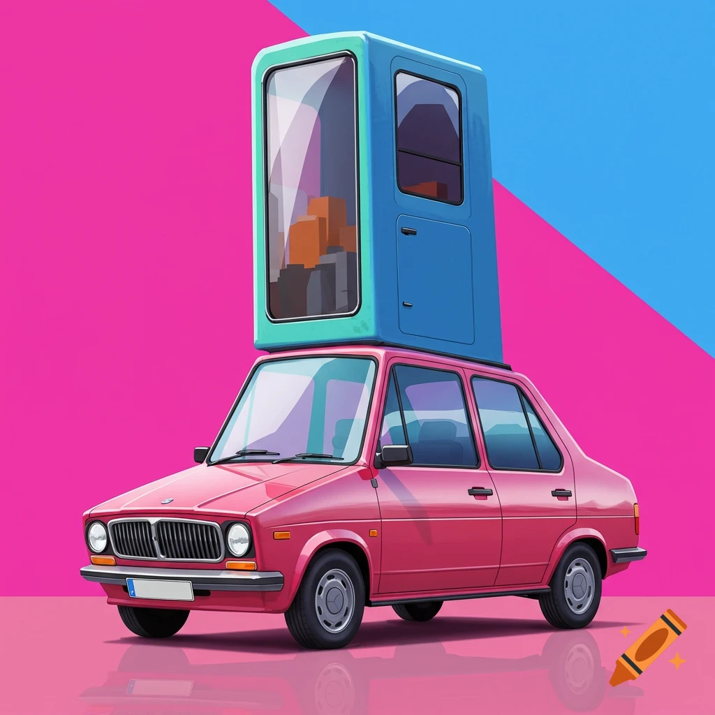 A pink car that is short but tall with a blue box on top, against a split pink and blue background.