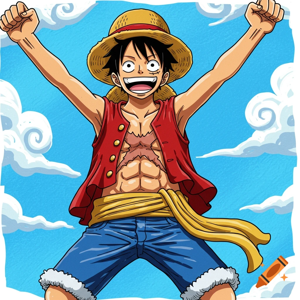 Luffy cheers with arms raised against a blue sky.