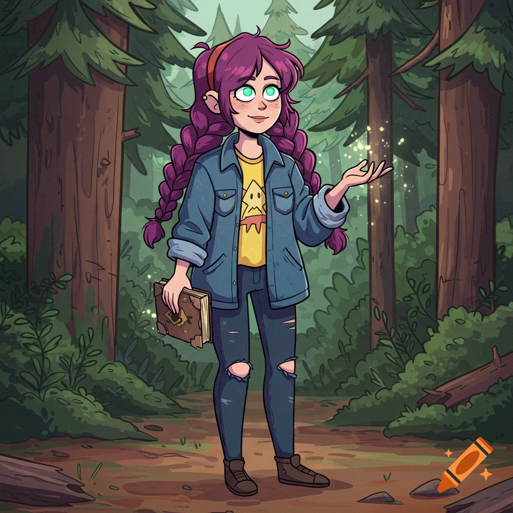 A cartoon girl with purple braids in a forest holds a book and casts a spell with sparkling light from her hand.