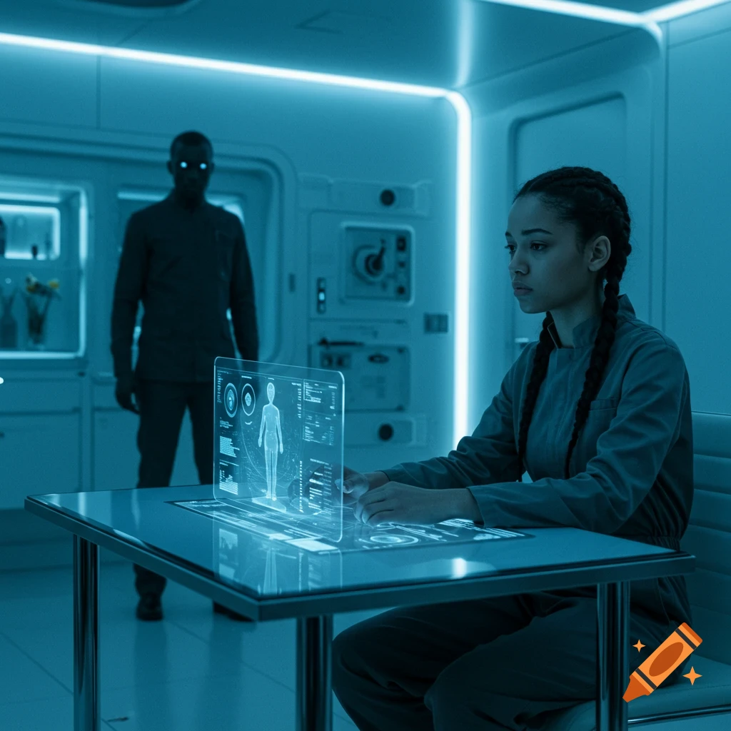 A person looks at a futuristic holographic screen while another stands in the background.