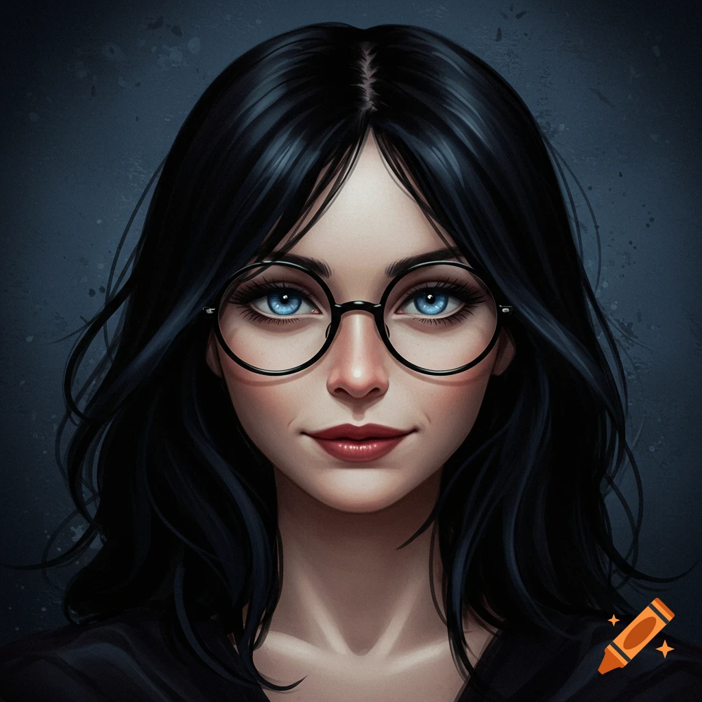 A woman with black hair, blue eyes, and big black glasses.