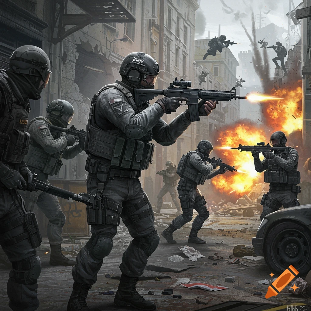 Soldiers engaged in urban combat amidst explosions and destruction.