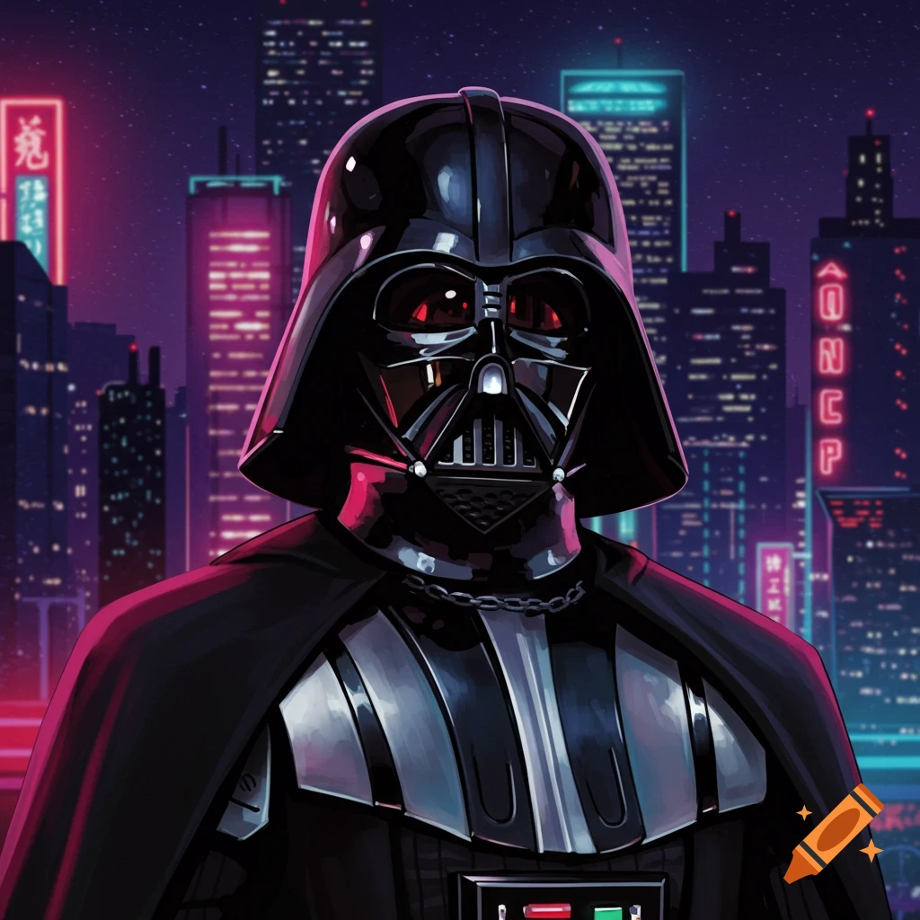 Darth Vader stands before a neon-lit cyberpunk city skyline.