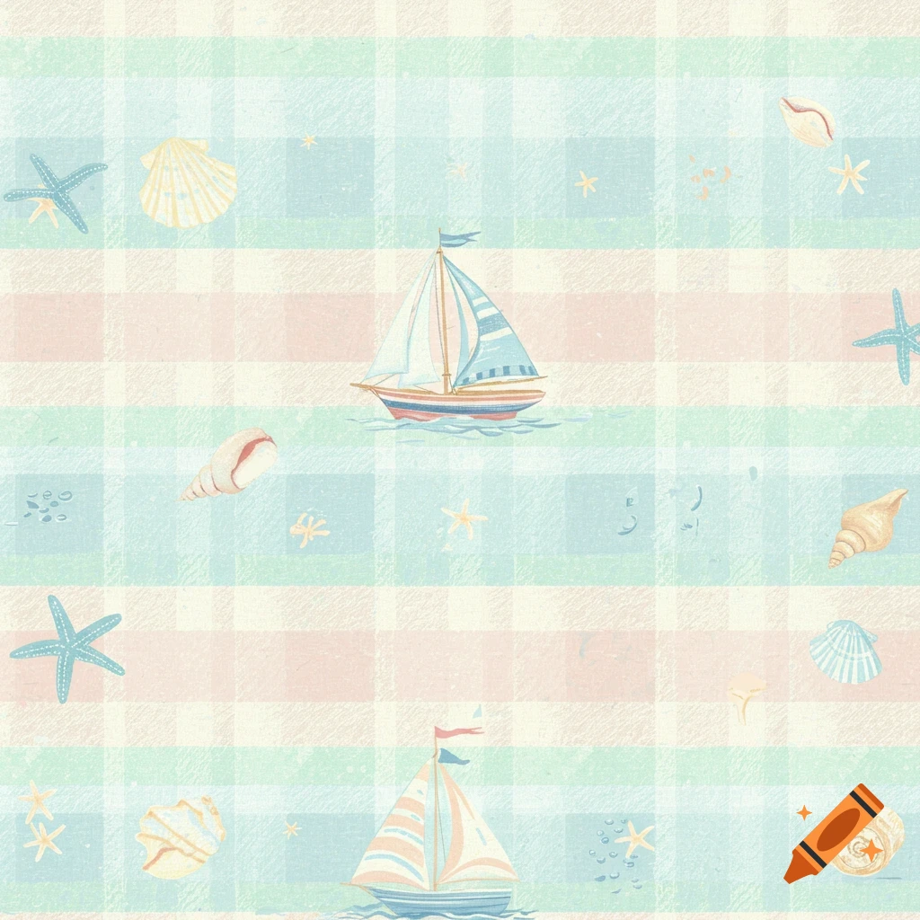 Repeating pattern with sailboats, seashells, and starfish on a pastel checkered background.
