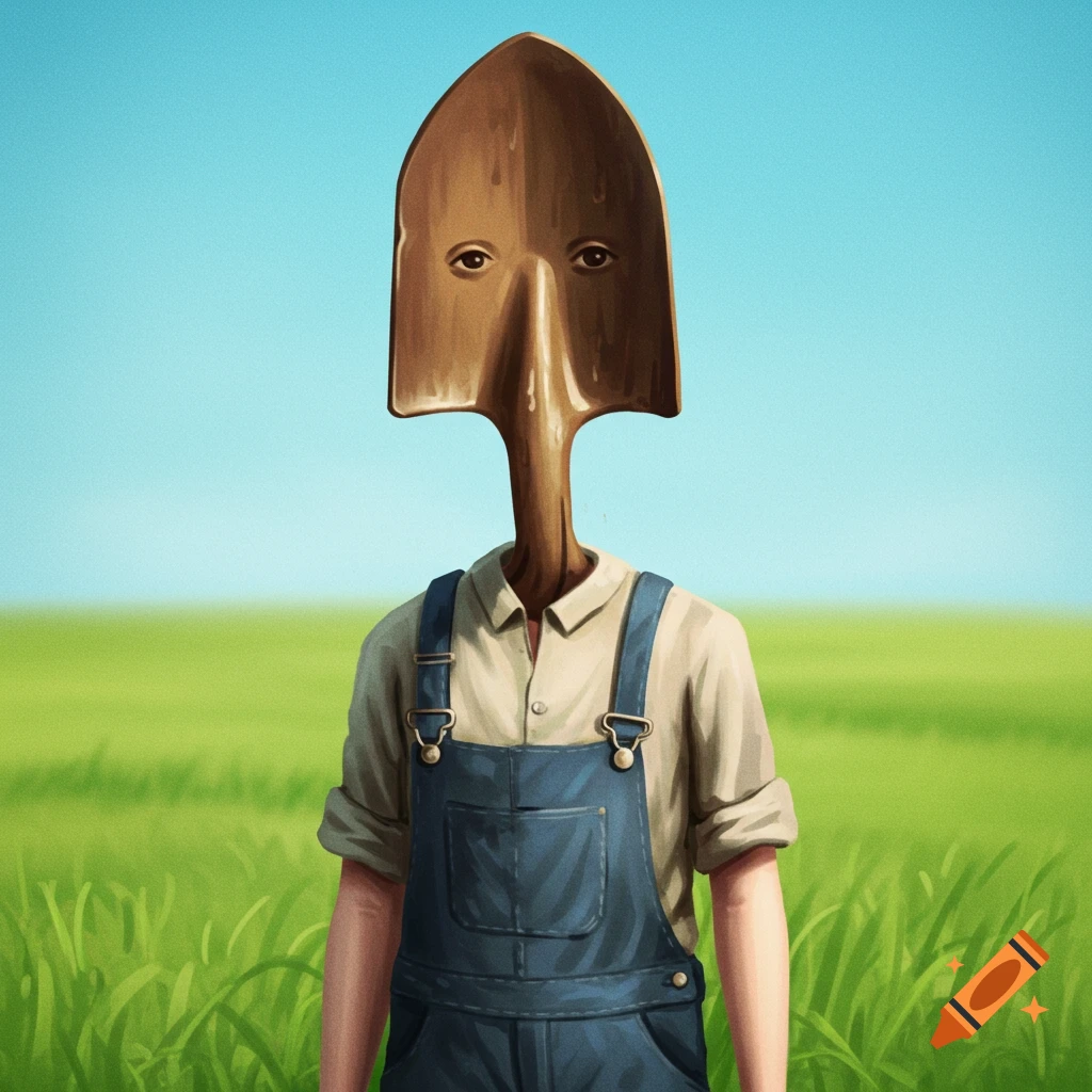 A person with a shovel head stands in a field under a blue sky.