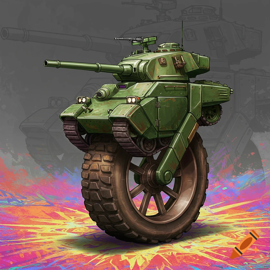 A green tank on a large unicycle wheel, with a sketch background and colorful foreground.