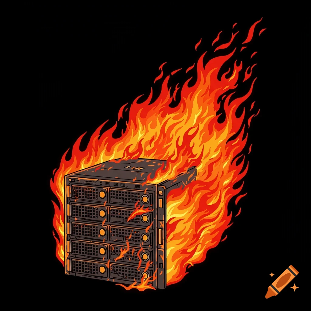 Vector graphic of a computer server engulfed in flames.