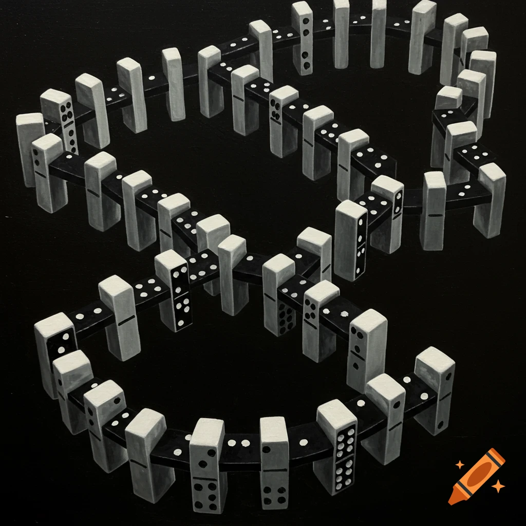 A complex, swirling pattern of dominoes against a black background.