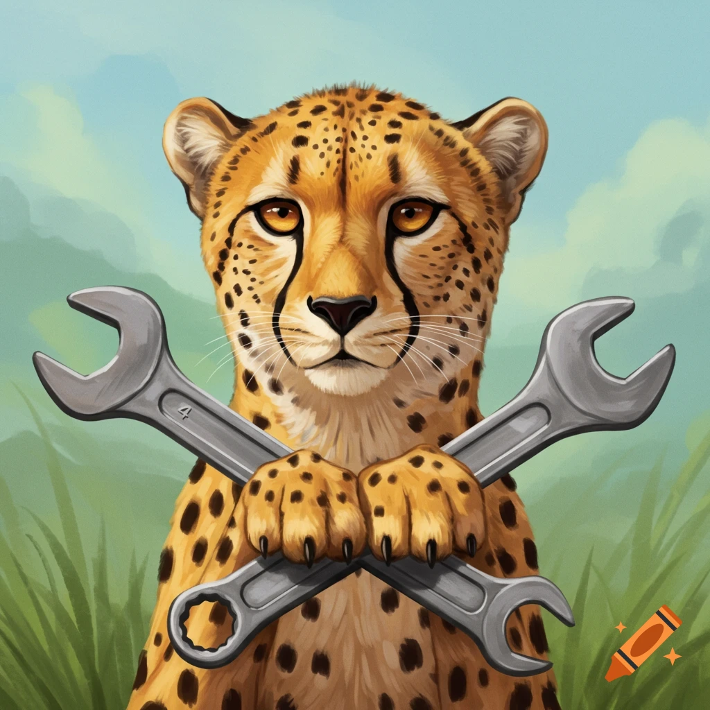 A cheetah holding two wrenches crossed in front of it.