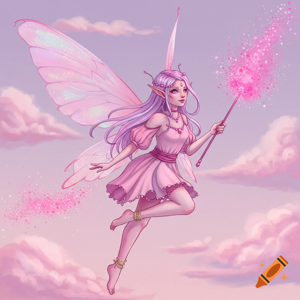A pink-dressed fairy with large wings flies in pink clouds, holding a wand emitting pink dust.