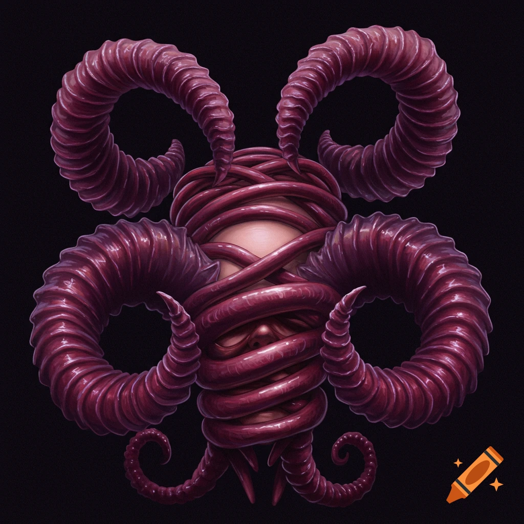 A face partially obscured by large, dark purple, coiled tendrils or horns against a black background.