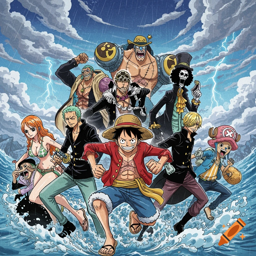 Straw Hat Pirates anime characters running through a stormy sea with lightning