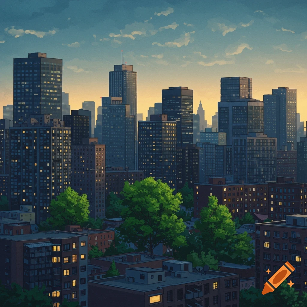 A city skyline with tall buildings, apartments, and trees at dusk.