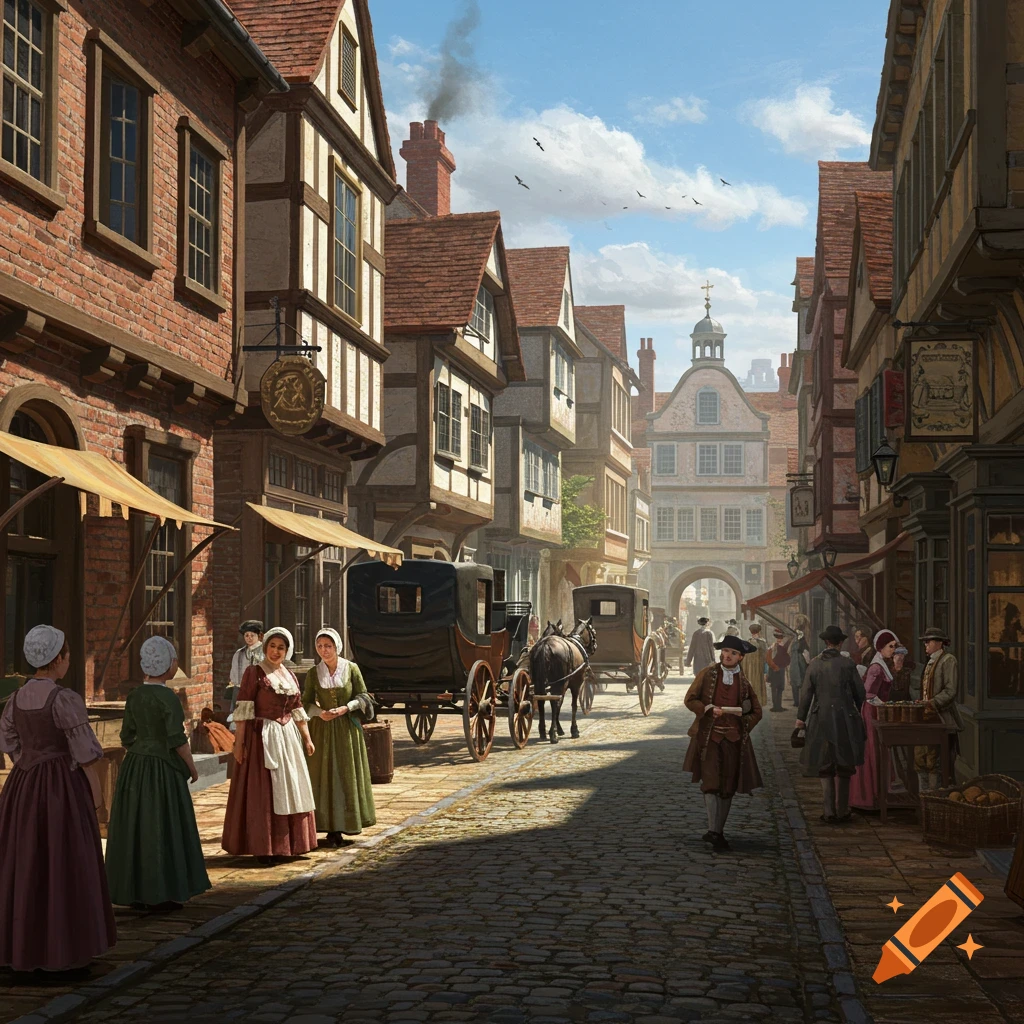 A busy historical town street with people, carriages, and horses under a cloudy sky.