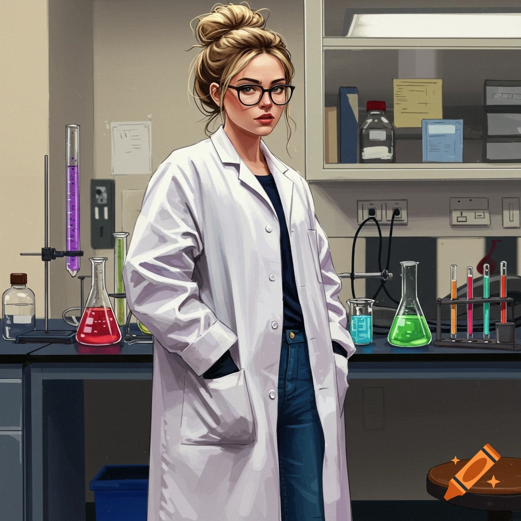 A woman in a white lab coat, glasses, and messy bun standing in a laboratory.