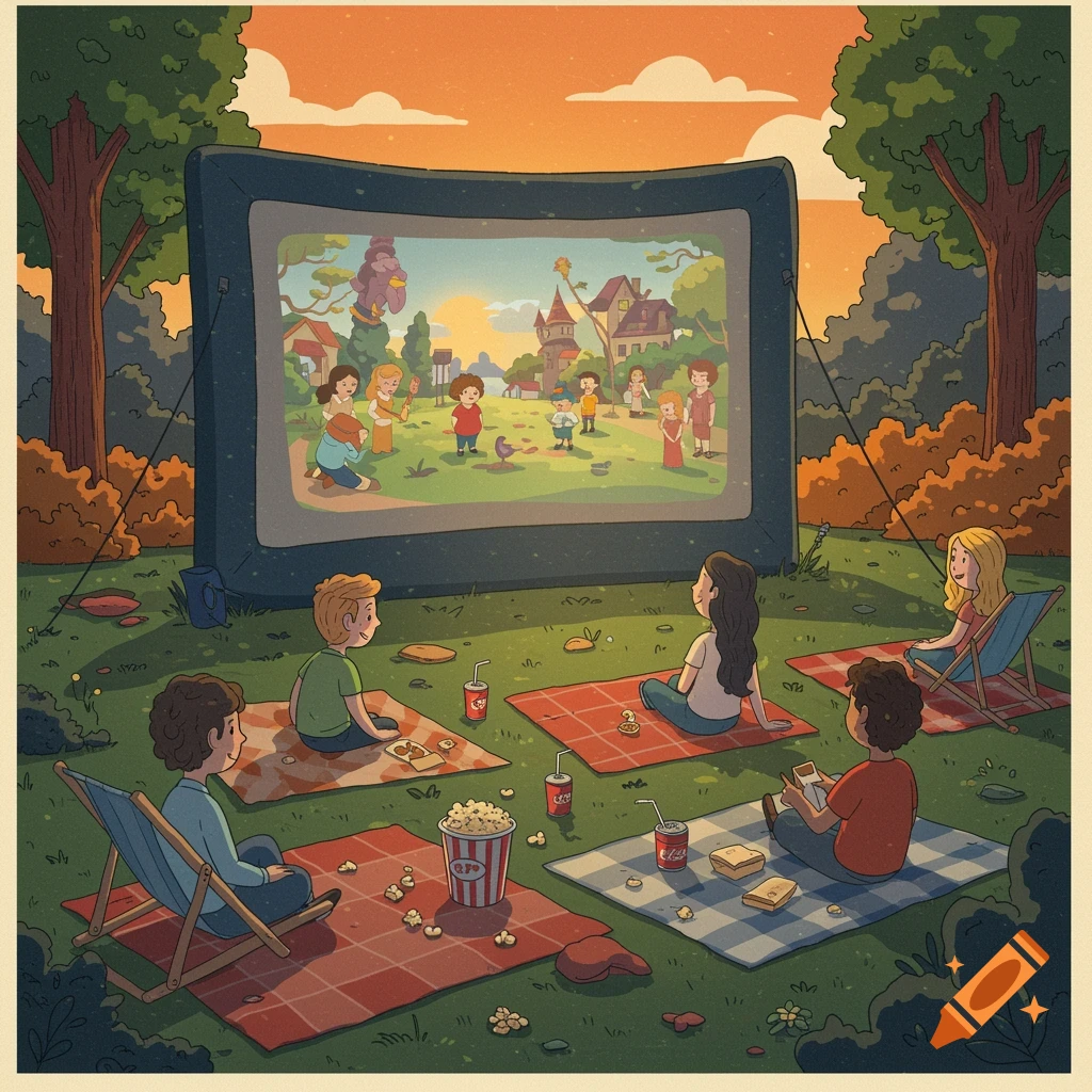 Cartoon image of people watching an outdoor movie on a large screen in a park at sunset, with popcorn and drinks.