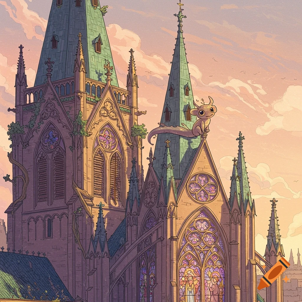 A fantasy creature sits atop a Gothic cathedral spire under a cloudy sky.
