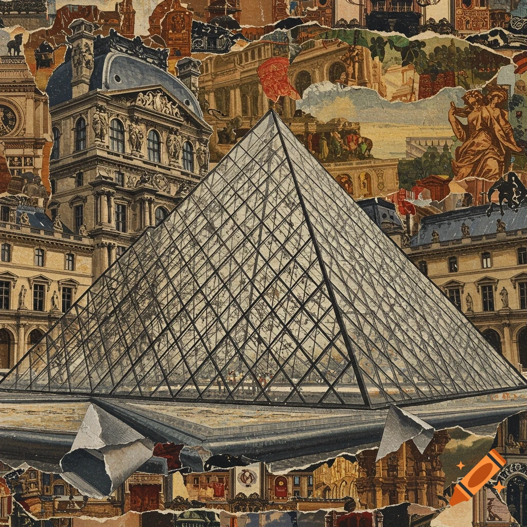 Collage featuring the Louvre glass pyramid surrounded by torn paper textures depicting Parisian architecture and classical art.