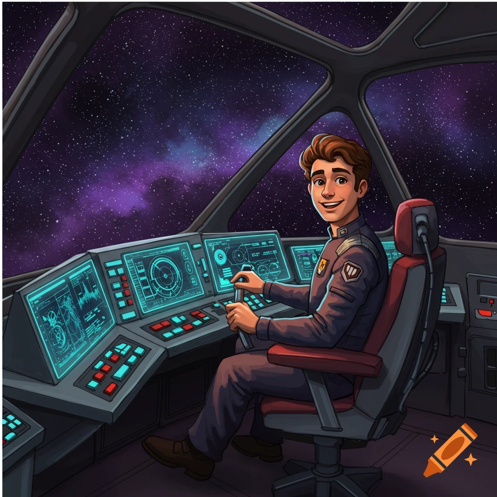 A smiling person sits in the cockpit of a spaceship, looking at the camera. Stars are visible through the window.