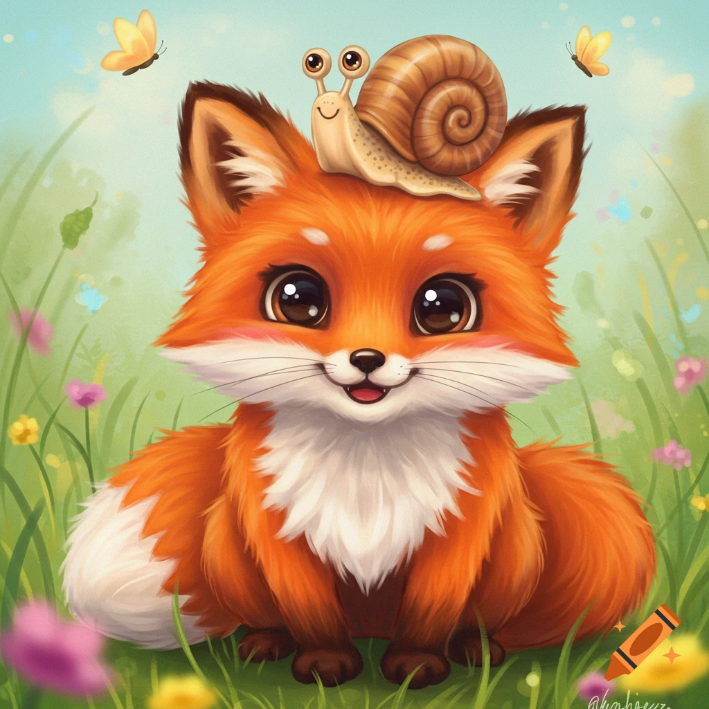 A cute fox sitting in a field with a snail on its head.