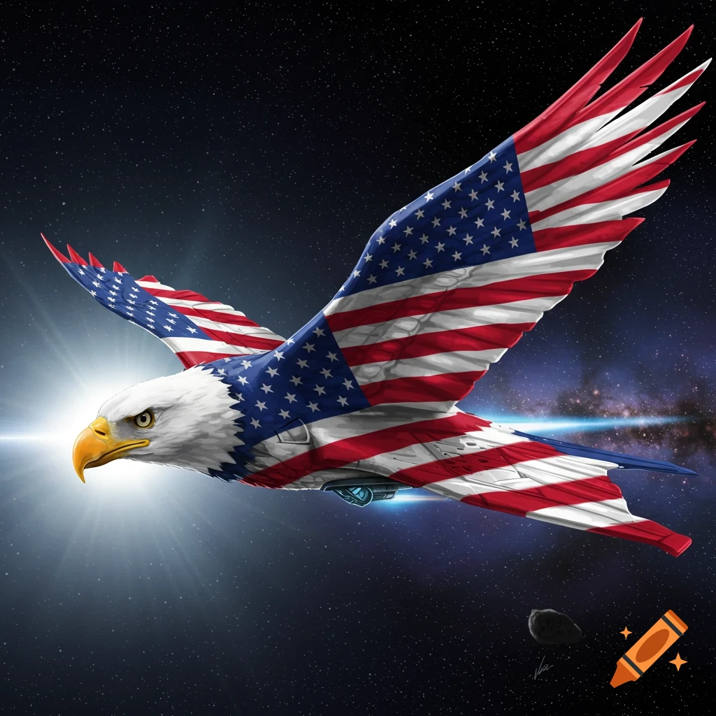 Bald eagle covered in an American flag pattern flying through space.