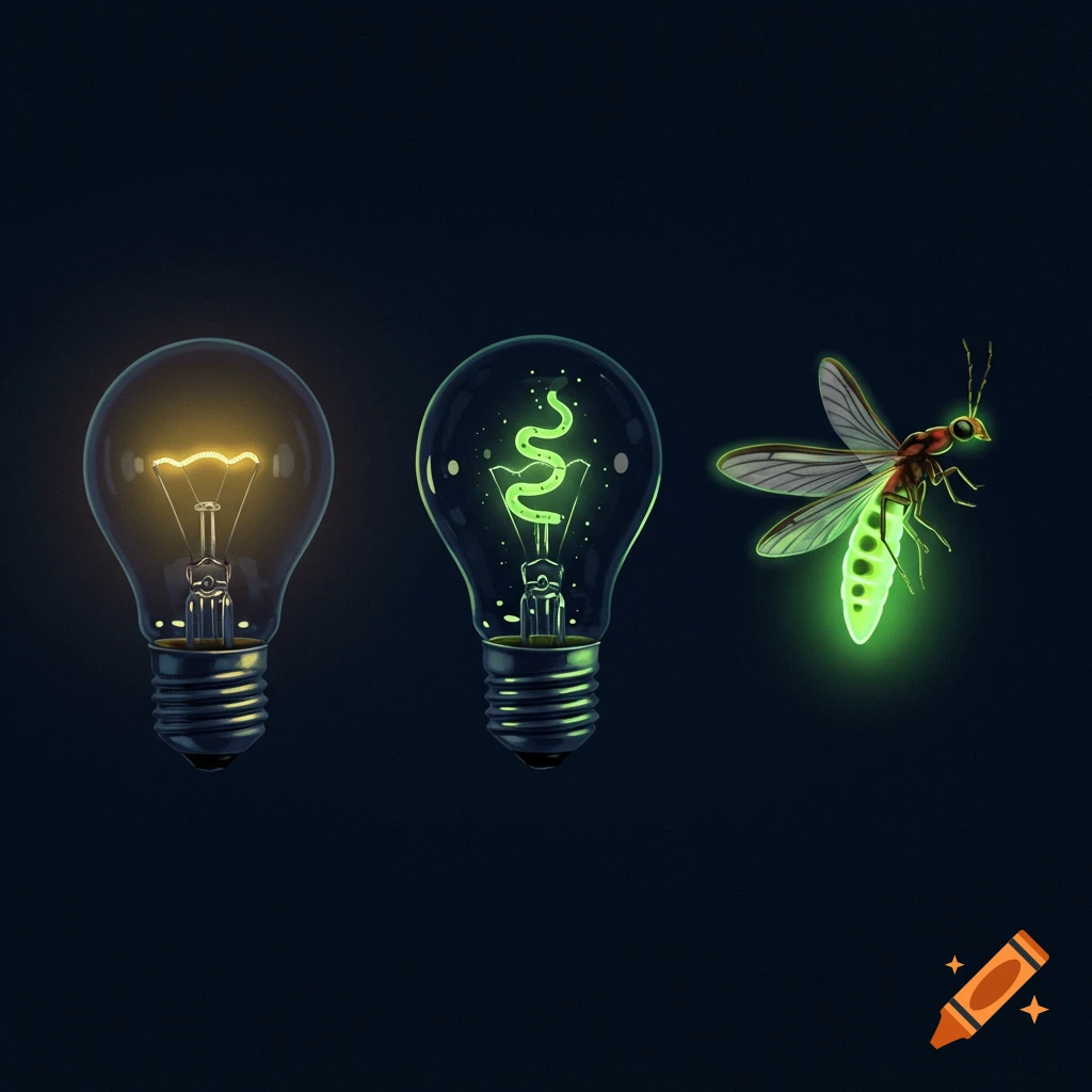 A lightbulb, a glowing lightbulb, and a firefly.