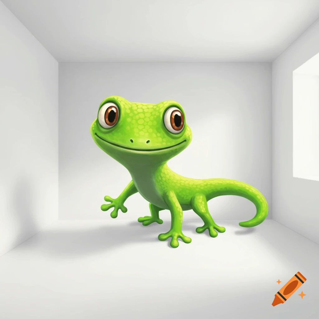 A happy green cartoon lizard in a white room.