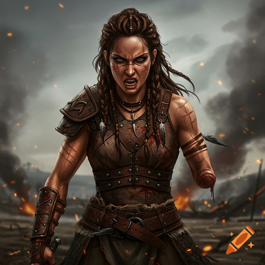 A fierce, battle-hardened female warrior stands with one arm in a smoky, fiery battlefield.