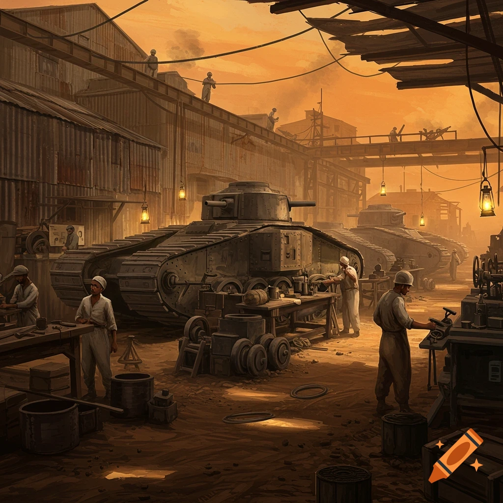 Workers building tanks in a World War 1 factory.
