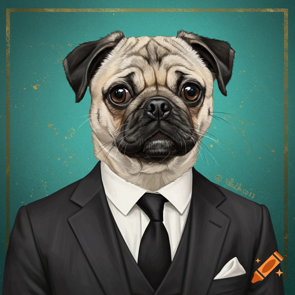 A pug dog wearing a black suit and tie.