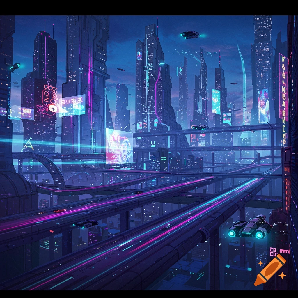 A vibrant image of a futuristic cityscape at night with flying vehicles and neon lights