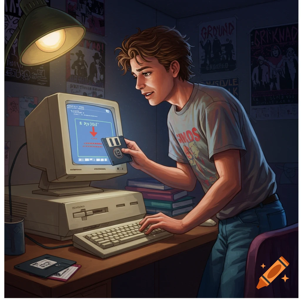 A young man in the 90s looking at an old computer screen while holding a floppy disk.