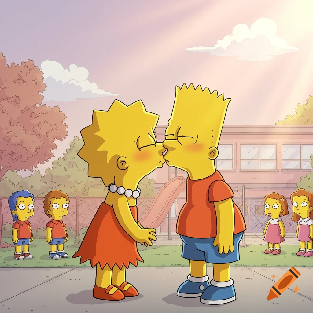 Cartoon image of Bart and Lisa Simpson kissing in a schoolyard with other students.