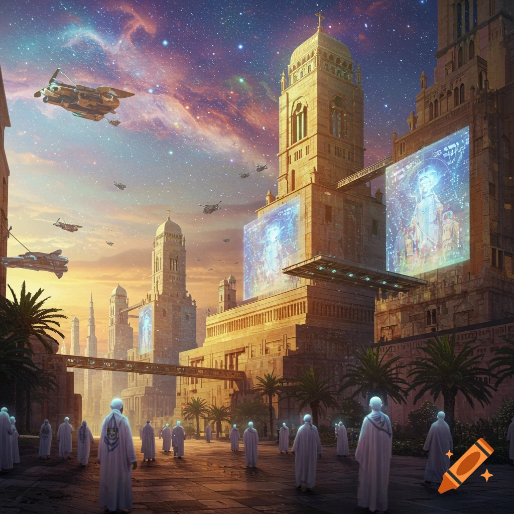 Robed figures stand in a futuristic city with spaceships under a starry sky.