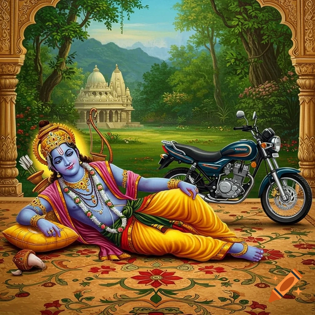 Blue-skinned Hindu god Rama laying with a bow and arrow beside a motorcycle on a decorated floor, temple and forest behind.