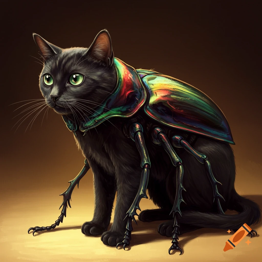 A black cat hybrid with an iridescent beetle shell and legs.