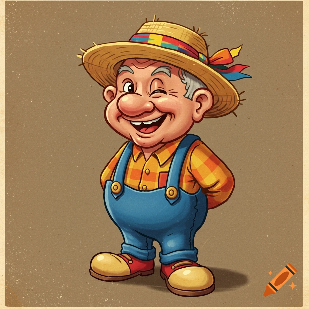 A cartoon old man wearing a straw hat, checkered shirt, and overalls smiles and winks.
