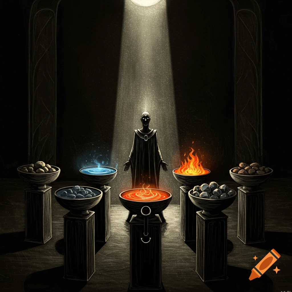Scratchboard painting of a figure in a dark hall with bowls holding fire, water, and stones under a spotlight.