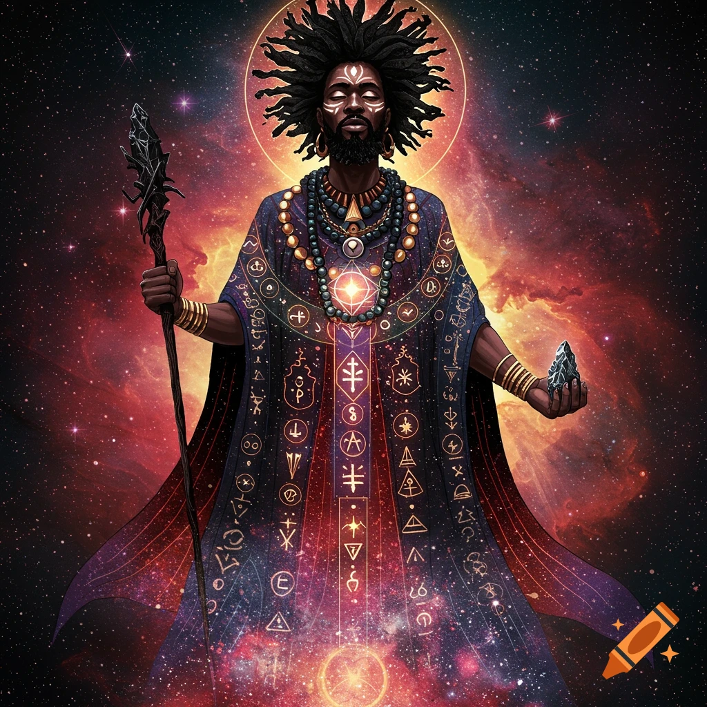 A man in a mystical robe with dreadlocks holds a staff and crystal against a cosmic background.