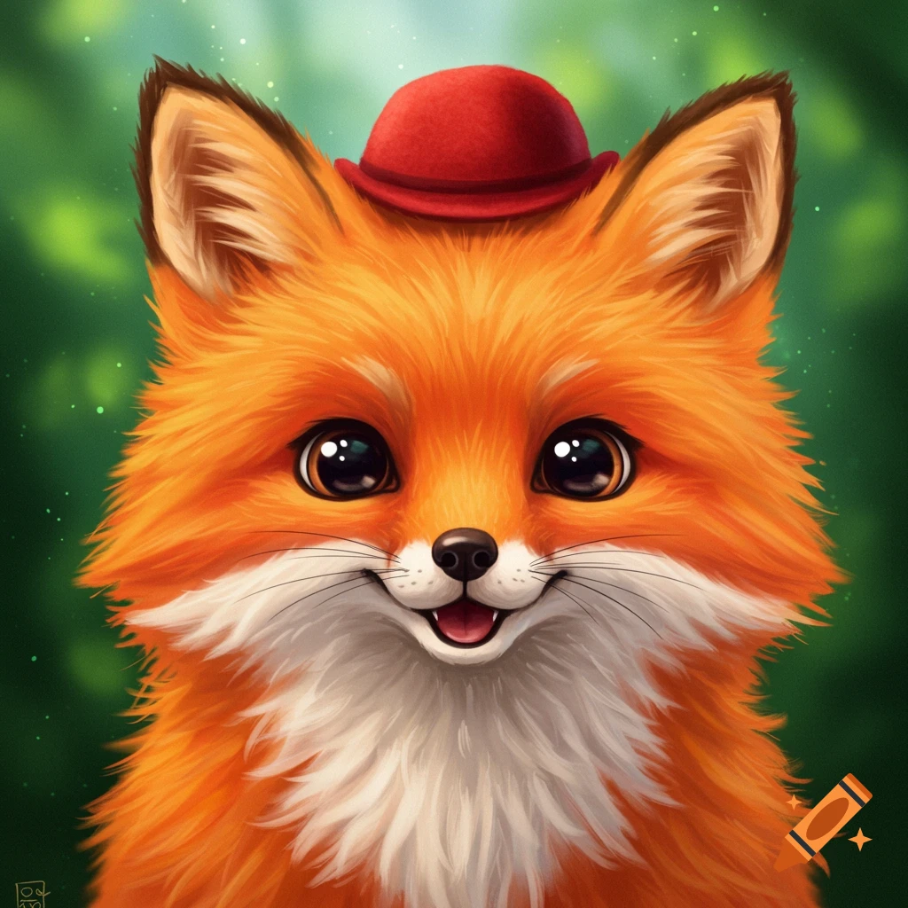 A cute, fluffy fox wearing a red hat against a green background.