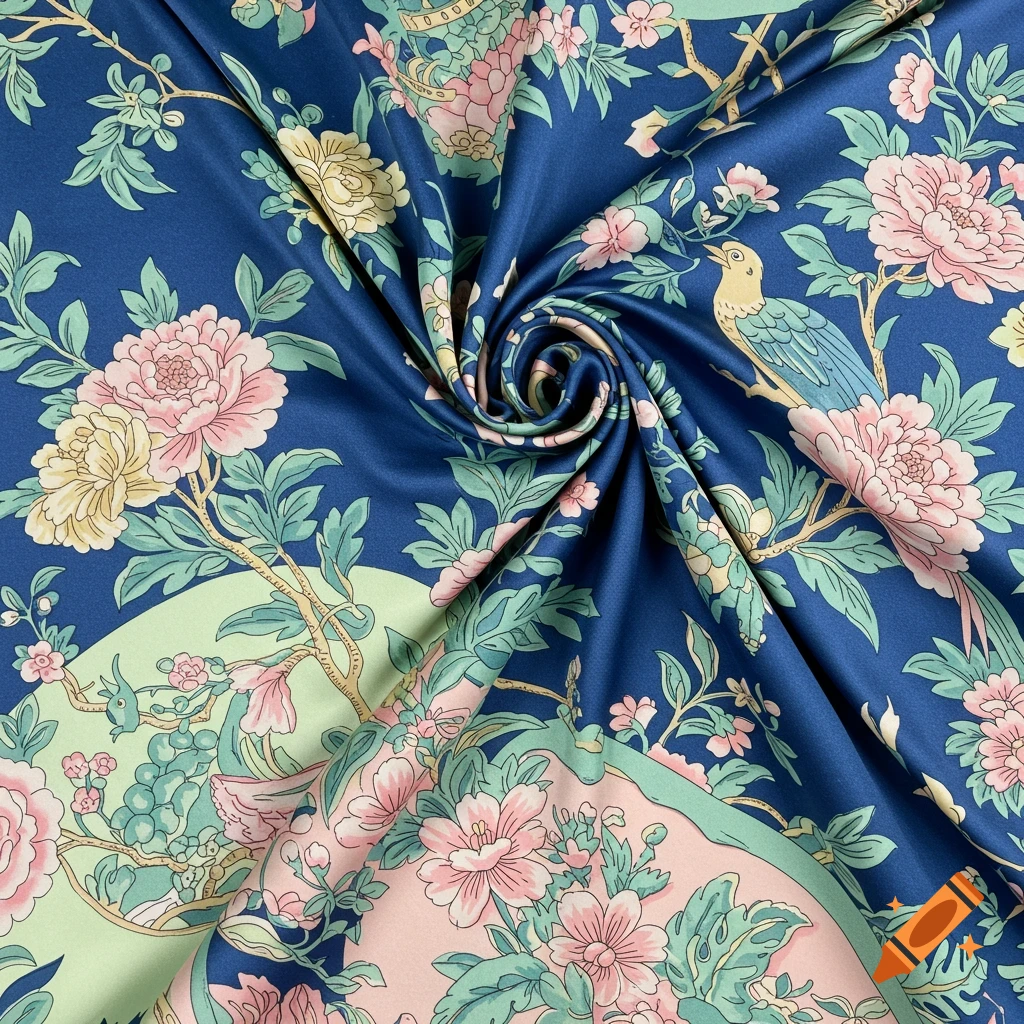 A detailed Chinoiserie pattern on draped blue silk fabric featuring flowers and a bird.