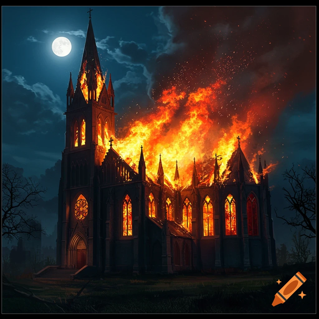 A gothic church burning under a full moon at night.