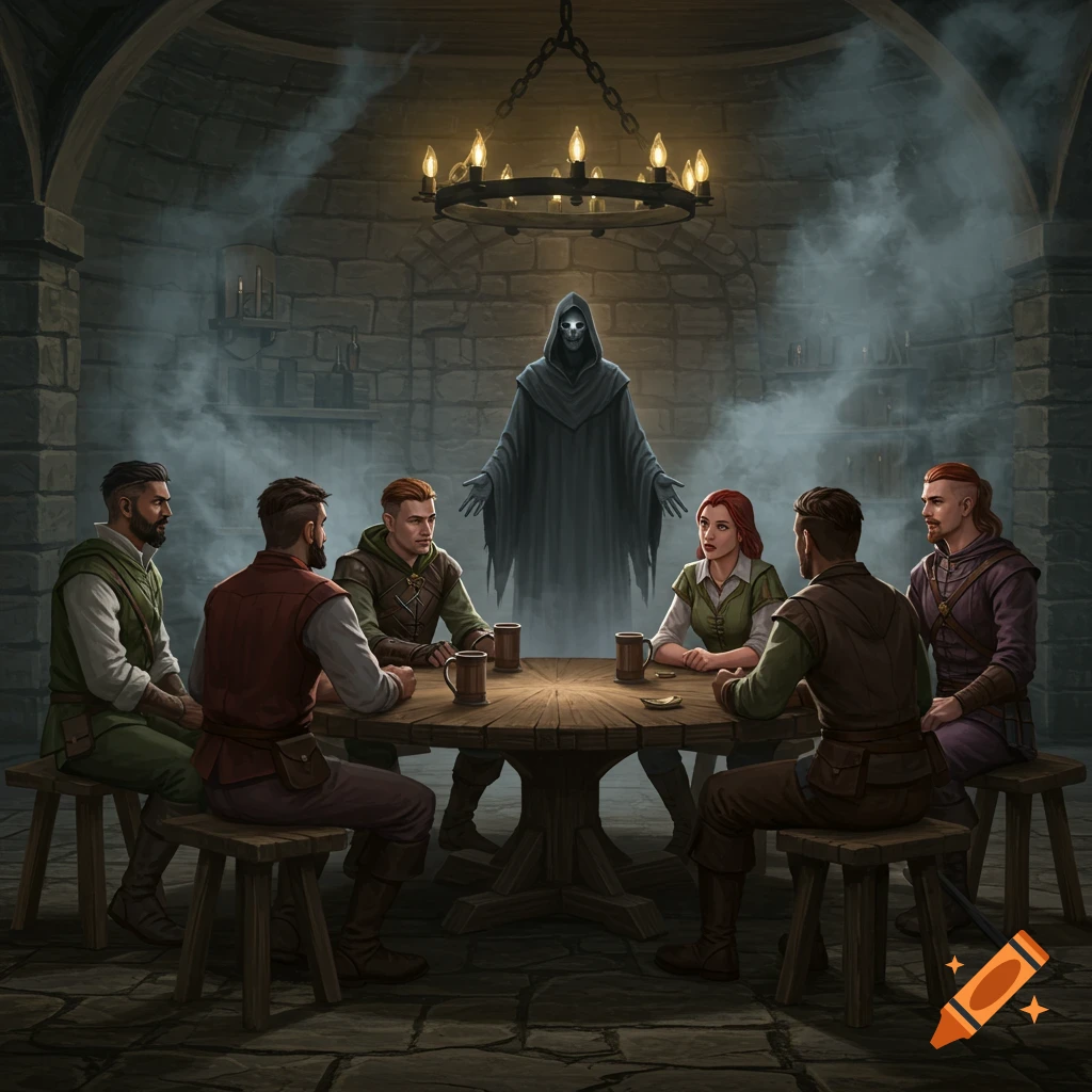 Adventurers sit around a table in a smoky dungeon, facing a cloaked figure with a skull face.