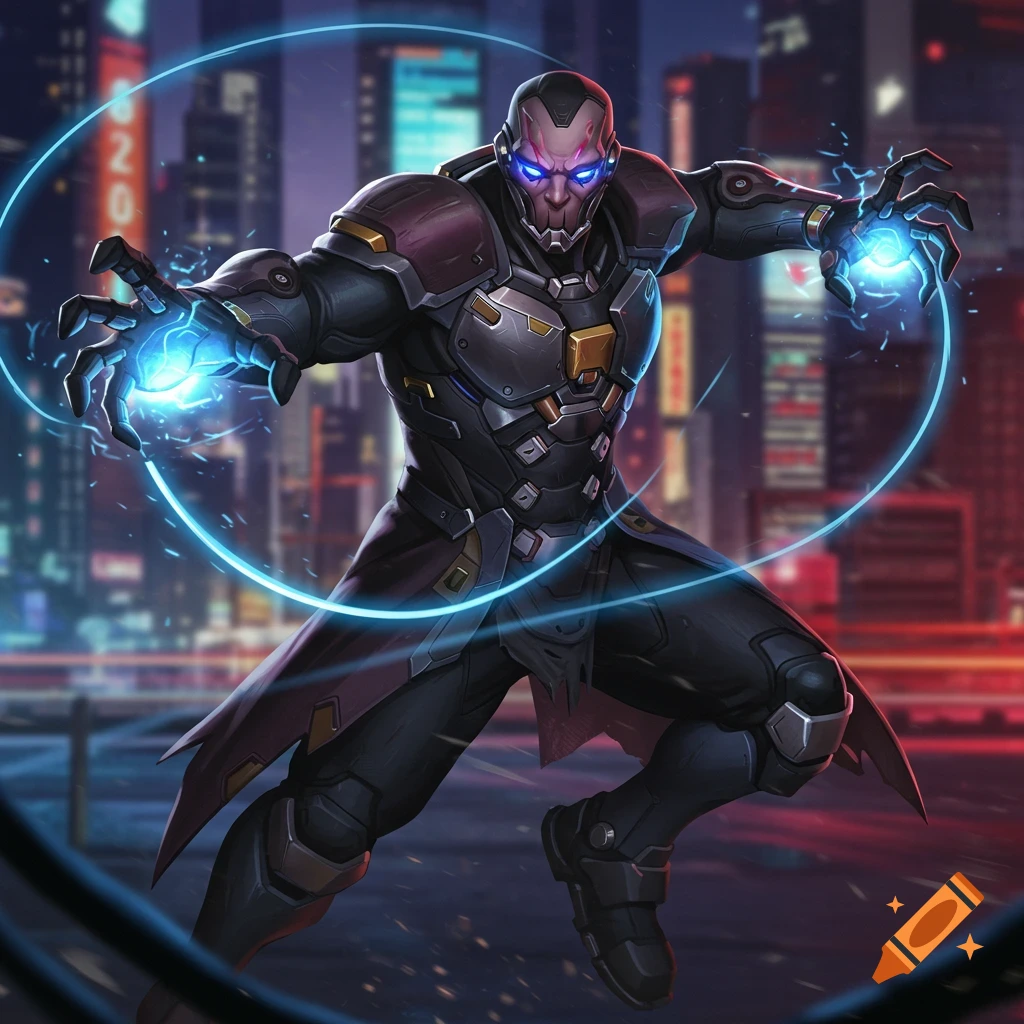 A masked character in futuristic armor conjuring blue energy in a cyberpunk city.