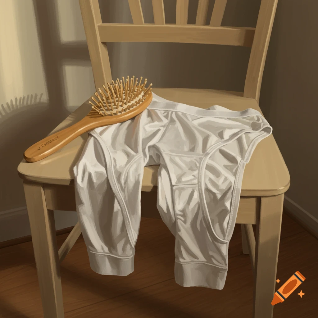 A wooden hairbrush and white underpants rest on a wooden chair.