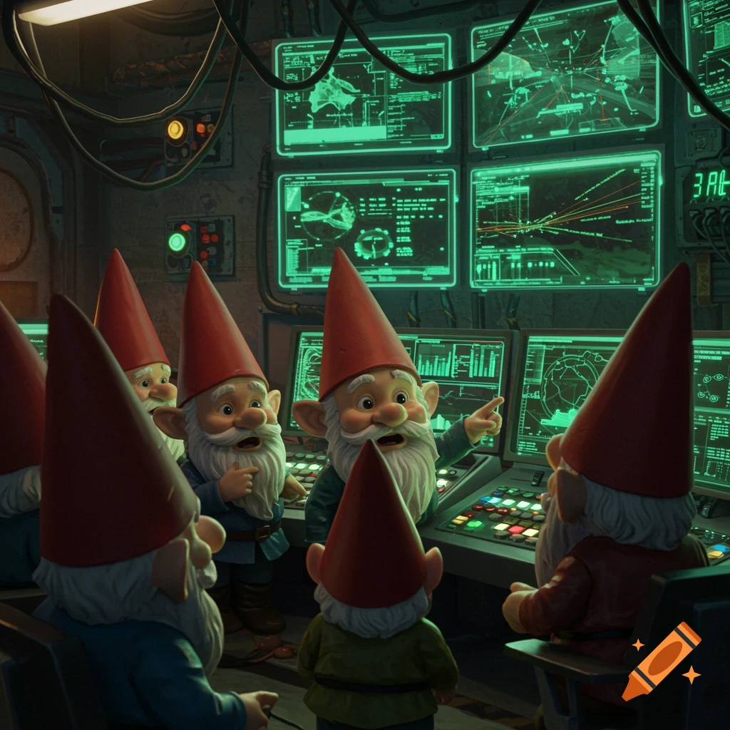Gnomes in a futuristic command center look at glowing screens displaying data and graphs.
