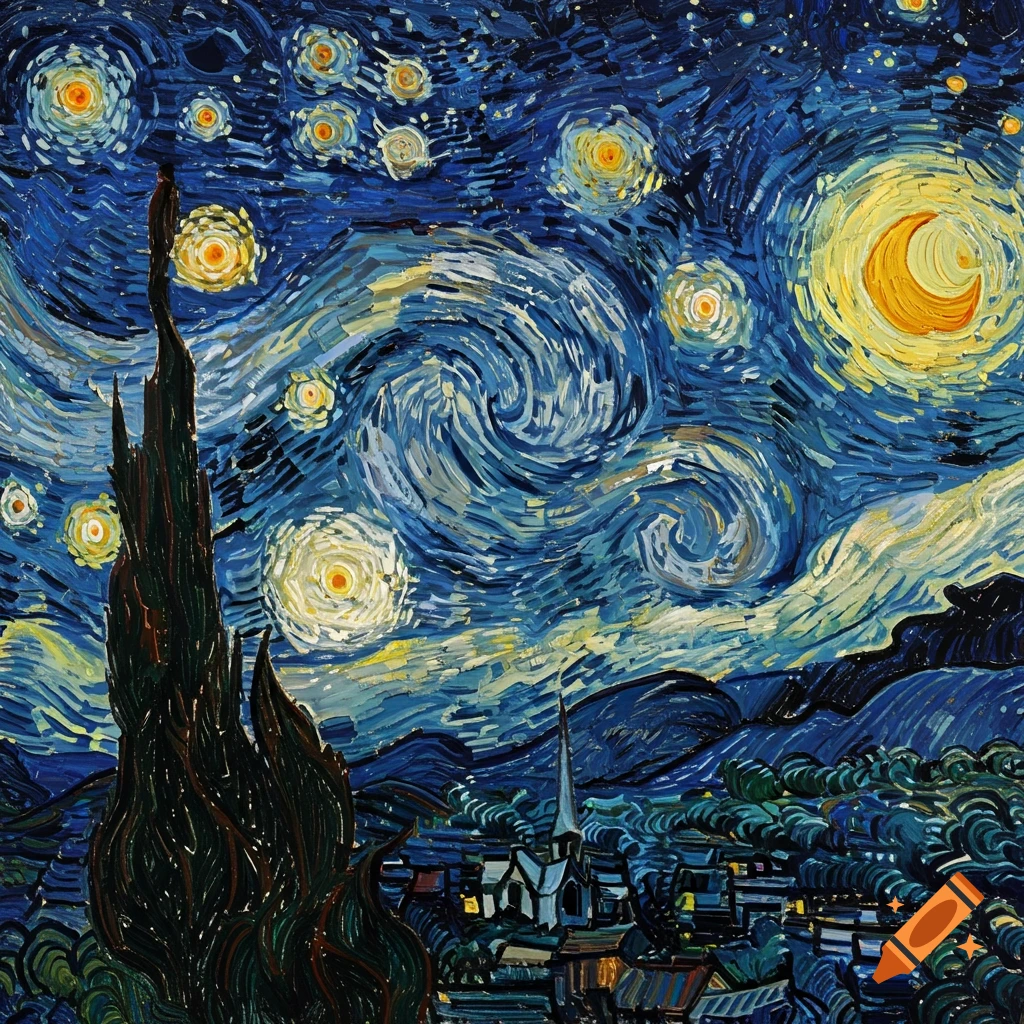 Van Gogh style painting of a starry night sky with swirling patterns, cypress tree, village, and moon.